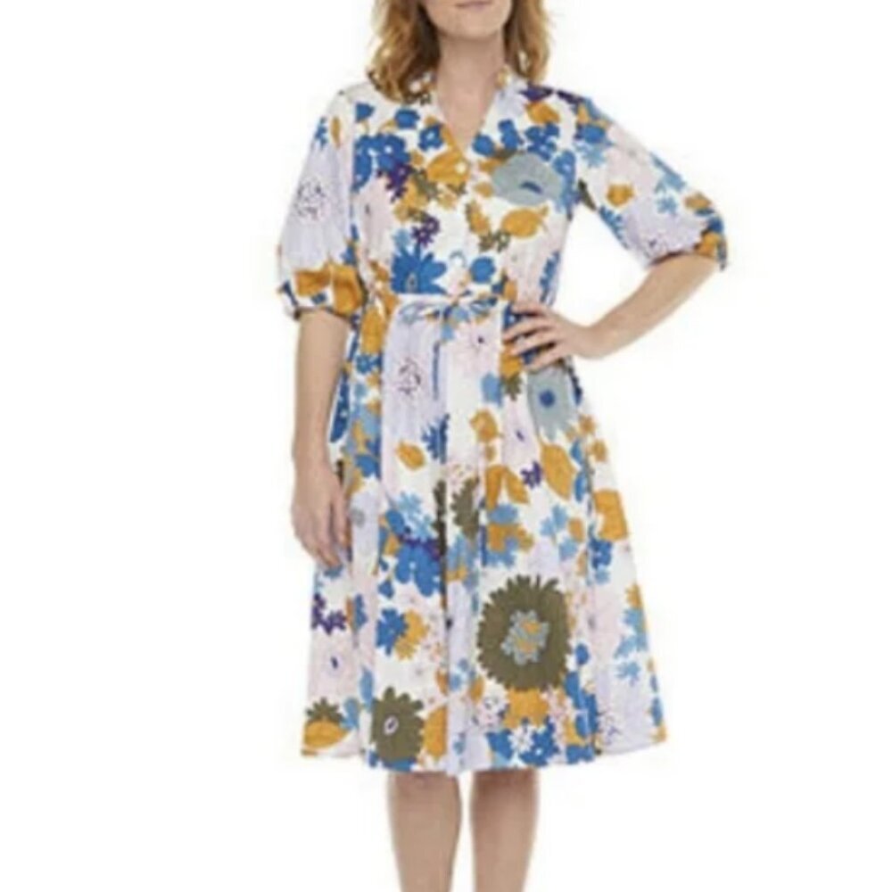 52seven Retro Floral Balloon Sleeve Midi Shirt Dress